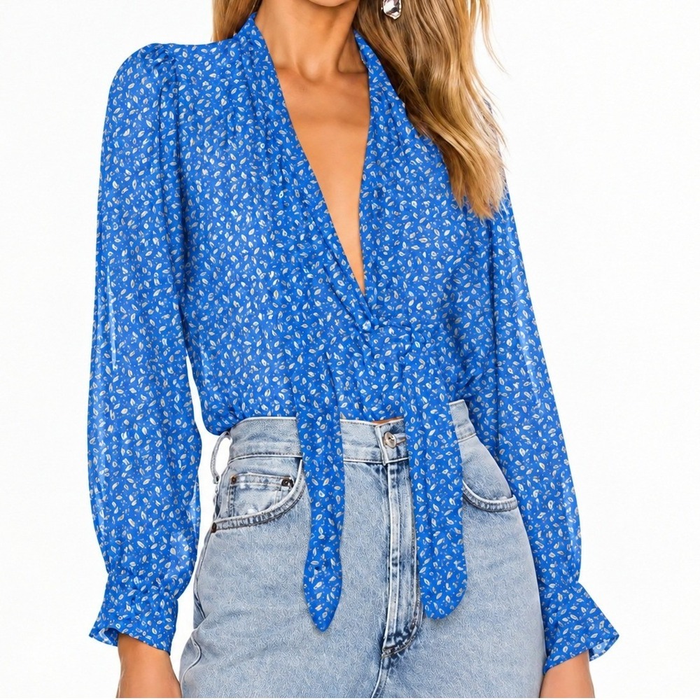 Sabina Musayev Seychelles Tie Neck Sheer Metallic Top in Caribbean Blue Size XS